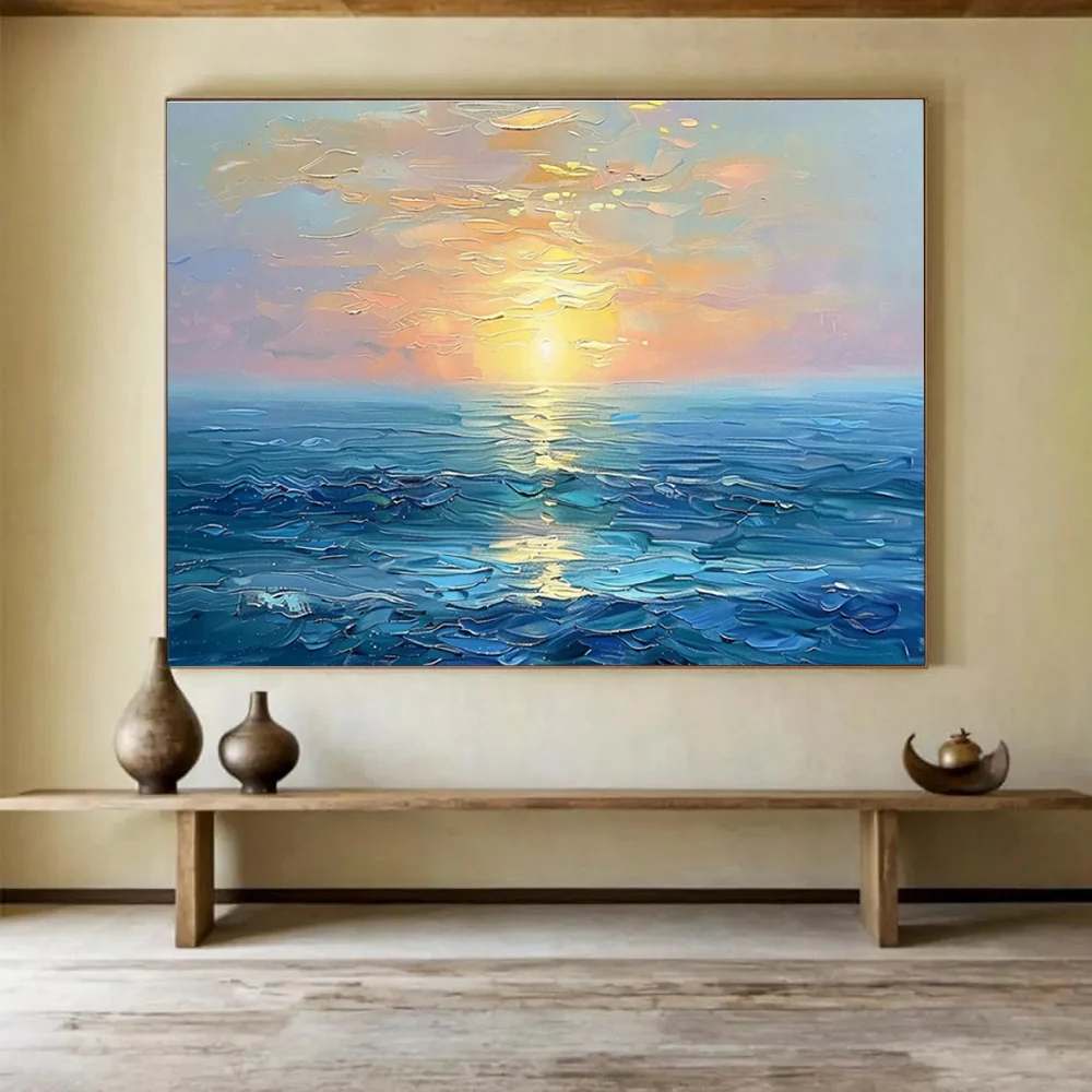 Coastal Handmade Hand-painted Sunset They Impressionistic Canvas Artwork 4T9ZX